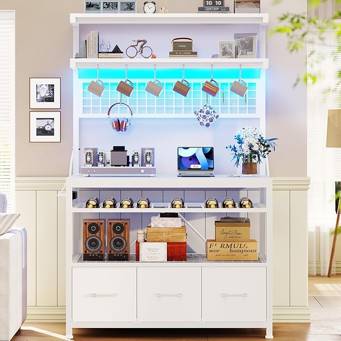 Itaar Bakers Rack with Storage and Power Outlet, 35.4 inch Microwave Stand with Fabric Drawers, Kitchen Coffee Bar Cabinet with Hutch, LED Lights, Wine Rack and Hooks, White