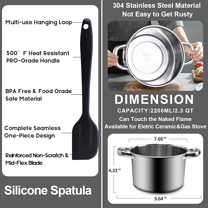 Double Boiler Pot Set,1250ML/1.1QT Mixing Bowl for Chocolate Melting, 2200ML/ 2QT 304 Stainless Steel Pot With Silicone Spatula for Melting Chocolate, Candy, Candle, Soap, Wax