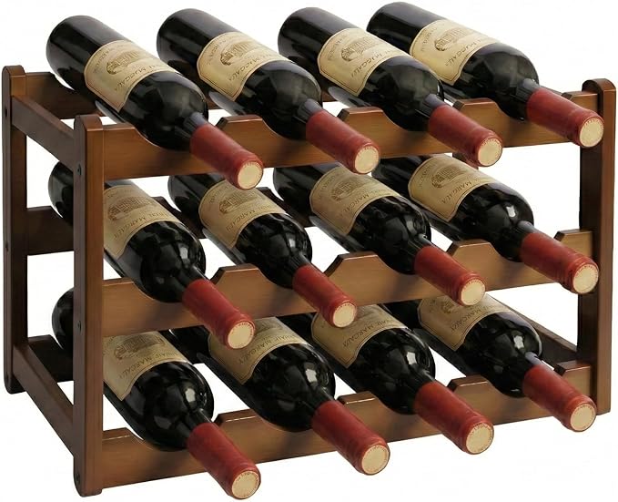 Janedream 3-Tier Bamboo Wine Rack for 12 Bottles, Easy-to-Assemble Countertop Wine Storage Shelf, Sturdy Tabletop Wine Holder for Kitchen, Inside Cabinet, Pantry, or Home Bar (3 Tier)