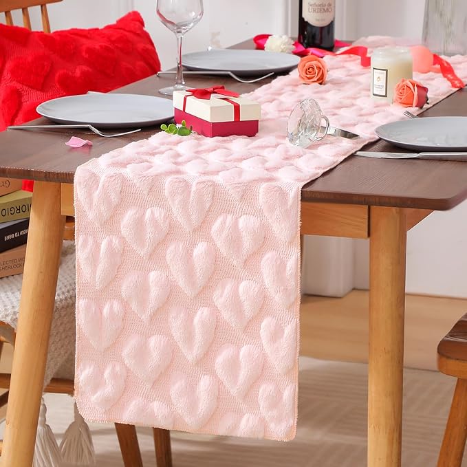 Table Runner 13x72 Inch for Valentine's Day, 3D Heart Shape Winter Holiday Decorative Farmhouse Table Decorations for Kitchen Dinning, Indoor Outdoor Dinner Party Decor (Pink)