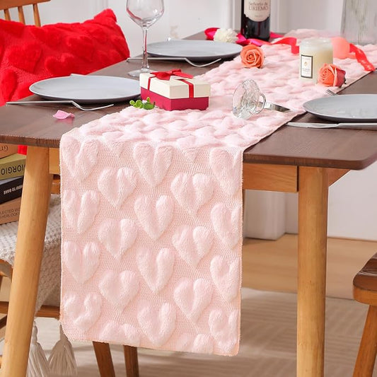Table Runner 13x72 Inch for Valentine's Day, 3D Heart Shape Winter Holiday Decorative Farmhouse Table Decorations for Kitchen Dinning, Indoor Outdoor Dinner Party Decor (Pink)