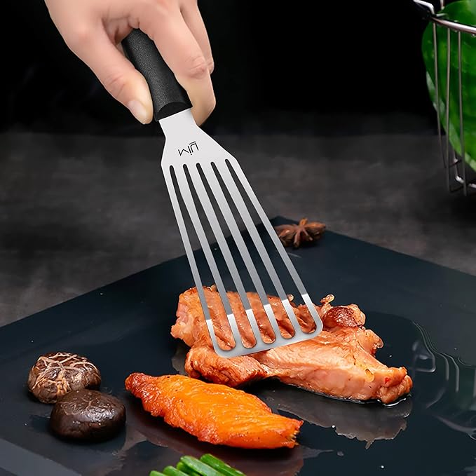 MIU Fish Spatula Stainless Steel, Slotted Flexible Metal, Lightweight Barbecue Turner, 6.5 inch Blade, Plastic Handle with Hole, Grilling Utensils