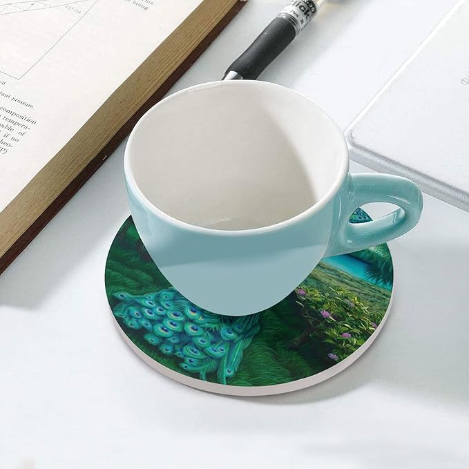 Round-4PCS Peacock Drink Coasters, Round Modern Ceramic Absorbent Coasters, Vintage Tree Branch Beautiful Plant Floral Green Peacock Decor Desk Coffee Table Coaster for Beverage Cup Tea Coasters