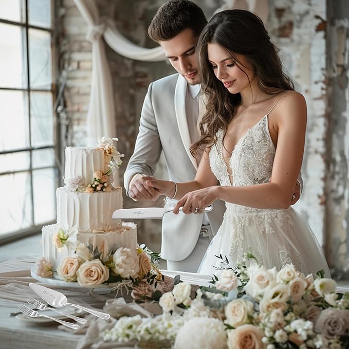 VARLKA Wedding Cake Knife and Server Set, Mr and Mrs Champagne Flutes and Cake Cutting Set for Bridal Shower Gifts Wedding Glasses for Bride and Groom
