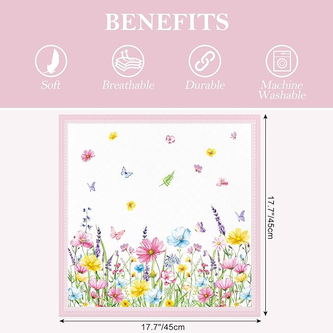 Wildflower Napkins, 18×18 Inch Butterfly Dinner Cloth Napkins Set of 6, Washable Cotton Soft Absorbent Square Napkins for Dining Kitchen Party Wedding Decoration