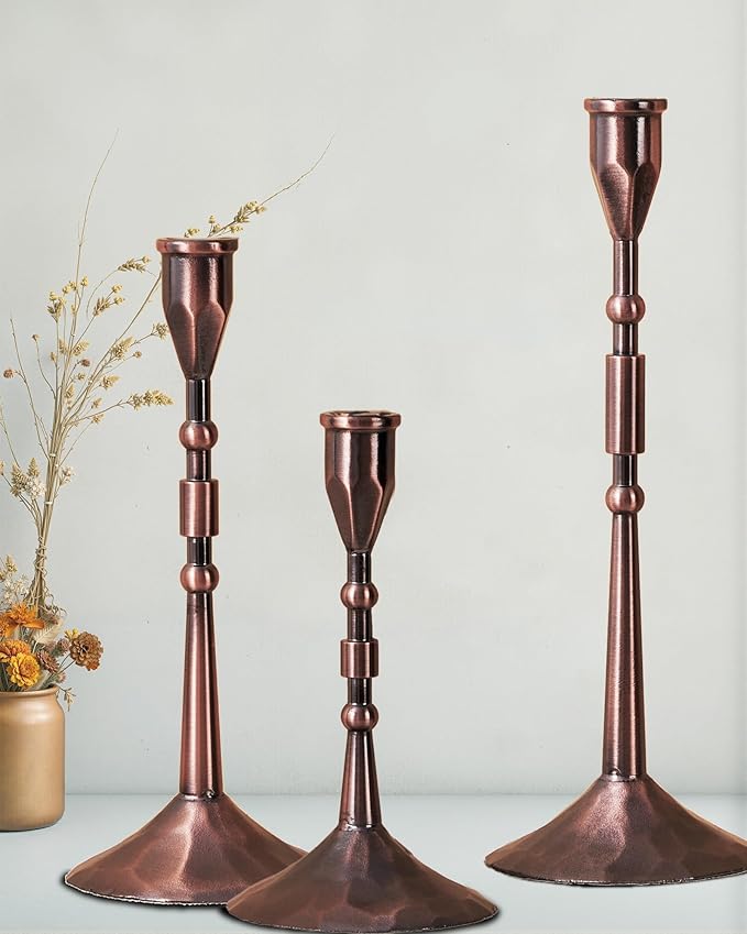 Vintage Taper Candle Holders Set | Handmade 3-Piece Candlestick Decor for Table Centerpiece, Farmhouse Kitchen & Party Lighting (Reddish Bronze)