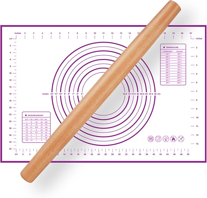 16 Inch Wood Rolling Pin for Baking, Wooden French Dough Roller with Purple Silicone Pastry Mat, Beech Wood Rolling Pins for Baking Dough, Pizza, Pie, Pastries, Pasta and Cookies