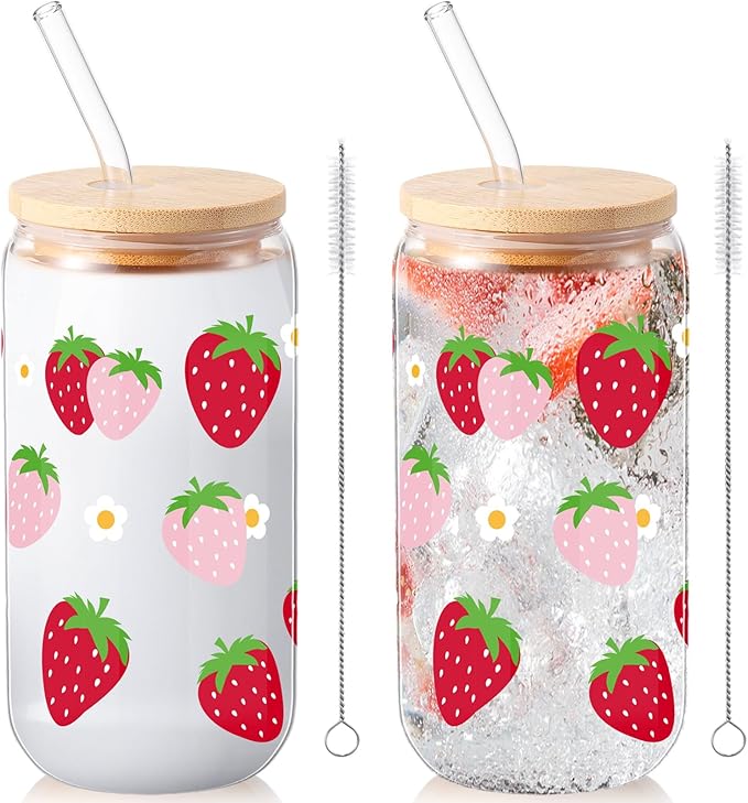 Sliner 2 Pcs Strawberry Glass Cups Drinking Glasses 16 oz Iced Coffee Cup with Lid Straw Cleaning Brush Cute Beer Can Tumbler Holiday Gifts for Spring Summer Home Office Decorations