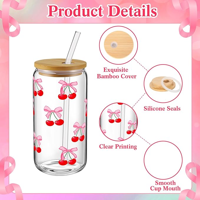 6 Pcs Pink Coquette Bow Glass Cups with Lids and Straws 16oz Cute Cherry Tumbler Bulk Reusable Can Shaped Drinking Glasses for Valentines Day Gifts Party Supplies