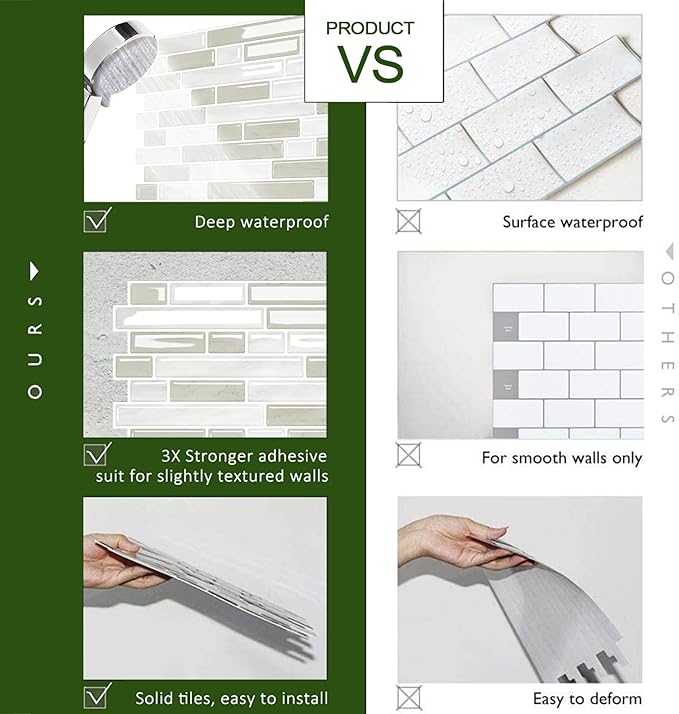 STICKGOO Peel and Stick Backsplash - 10 Sheets of 12”×12” - 3D Self Adhesive Peel and Stick Tile Backsplash for Kitchen & Bathroom