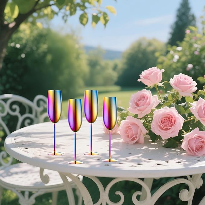 Stainless Steel Champagne Flutes Set of 4-Wedding &Birthday Gifts,8.5 Oz Unbreakable Champagne Glass with Long Stem,Reusable Indoor Outdoor Drinkware (Colorful)