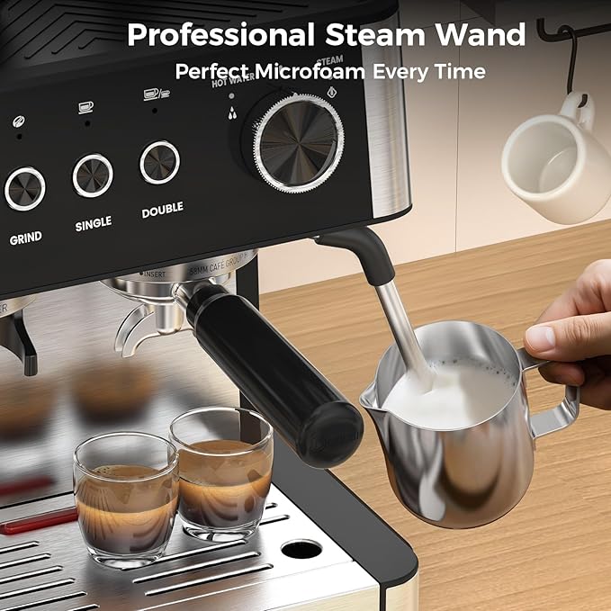 Electactic (2025 Upgrade Espresso Machine with Grinder, 20 Bar Professional Espresso Coffee Machine with Anti-Clog Design, Built-in Milk Frother Steam Wand-Perfect Cappuccino & Latte Maker for Home