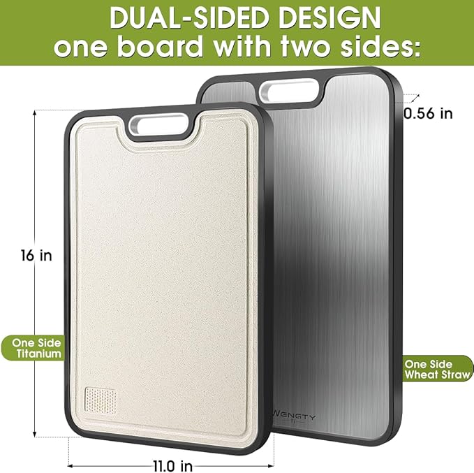 Titanium Cutting Boards for Kitchen, 2-in-1 Double Sided Food-Grade Pure Titanium&Wheat Straw PP, Non-Toxic, Non-Slip, Dishwasher Safe, Ideal for Meat, Vegetables, Fruit(Ti Silvery White, 16"L x 11"W)