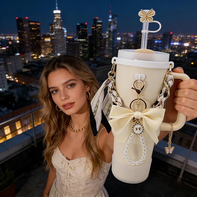 Stanley Cup Accessories Set for 40oz & 30oz Tumbler Including Water Bottle Handle Strap、Bow Keychain、Cup Ring、Bling Silicone Boots、Butterfly Straw Topper、Charm Accessories for Stanley Cup
