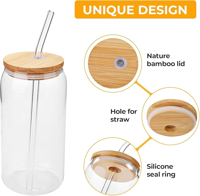 4 Set Glass Cups with Bamboo Lids and Straws, 20oz Drinking Beer Glasses, Iced Coffee Cups, Cute Tumbler with 2 Cleaning Brushes, Ideal for Bubble Tea, smoothie, Juice