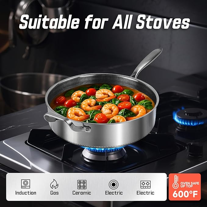 Toutrop Frying Pans Nonstick wih Lid, Non Stick Tri-Ply Stainless Steel Saute Pan, 7 Quarts Large Sauté Pan, 12 Inch Induction Cooking Pan, Dishwasher and Oven Safe, PFOA Free