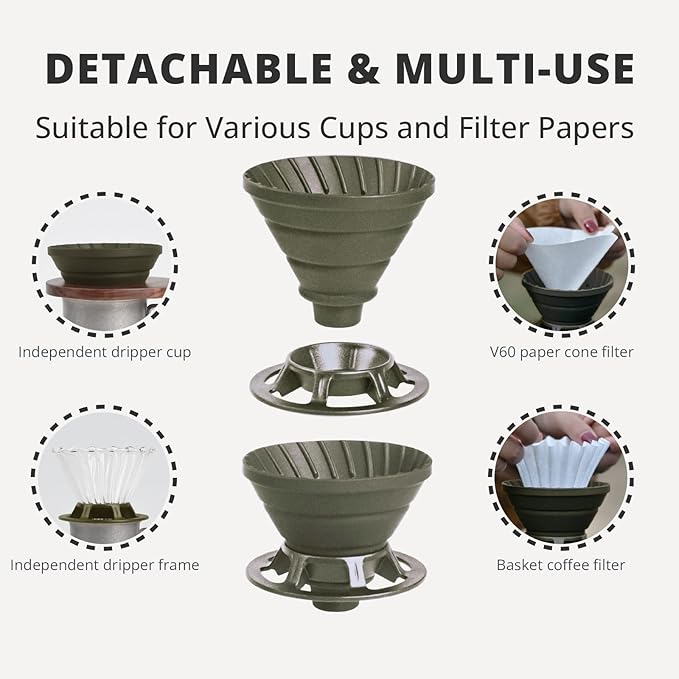 VANDROOP Collapsible Coffee Dripper, Silicone Reusable Coffee Filter Holder, Pour Over Coffee Dripper for Camping, Business Trip, Single Pour Over Coffee Maker (Green)
