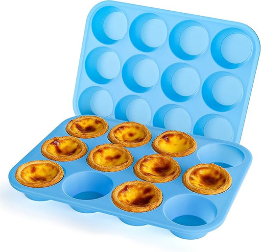 Bangp 2Pack Silicone Muffin Pans for Baking with Metal Reinforced Frame,12 Cup Regular Size Cupcake Pan,Premium Non-Stick Bend Resistance Silicone Muffin Tray for Pudding,Cakes,Tart,Egg Bites(Blue)