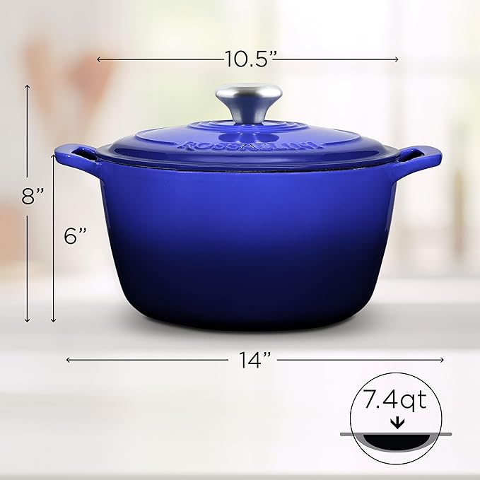 ROSSALLINI Signature Enameled Cast Iron Dutch Oven, Non-Stick Serving Pot with Tight Fitting Lid for Perfect Roasting, Baking, Sauteing, and Bread Making | 7.4Q (7L) - Indigo Blue