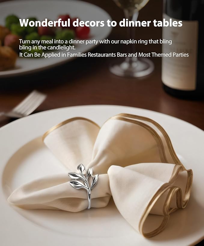 Leaf Napkin Ring Holder Set of 12 Silver Color Dining Table Décor for Wedding Party Dinner Banquet Thanksgiving Halloween (Silver 12pcs)