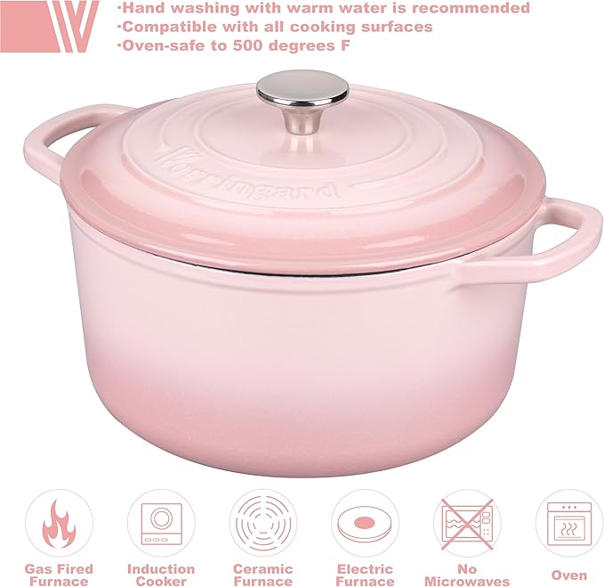VORRINGARD Enameled Cast Iron Dutch Oven Pot with Lid, for Sourdough Bread Baking, Round Dutch Ovens, 6 Quart, Pink