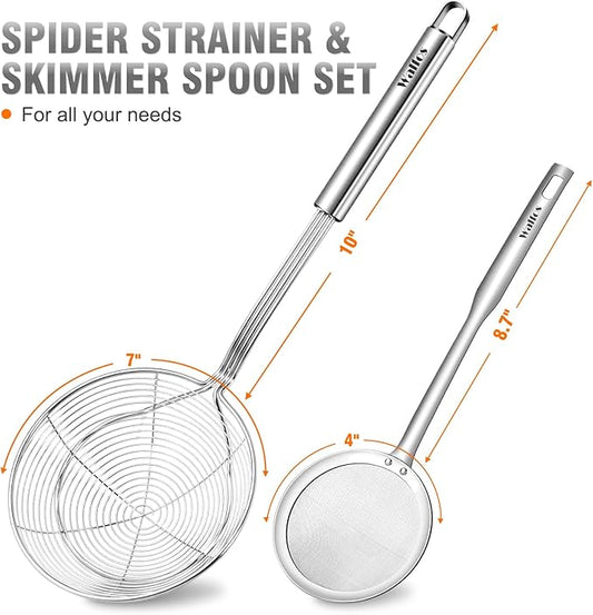 Walfos 7 inch Extra Large Spider Strainer - Stainless Steel Fryer Scoop & 4 in Skimmer Spoon, Set of 2 - Kitchen Spider Skimmer Strainer With Handle, For Cooking, Frying, Pasta, Egg, Foam