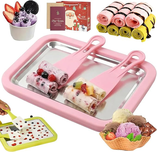 At-Home Rolled Ice Cream Maker Kit, DIY Rolled Ice Cream Tray, Two-minutes Quick Freeze, Mini Instant Freeze Plate with 2 Scrapers, Food-Grade Stainless Steel, for Kids & Adults (Pink,10.2 * 8.3in)