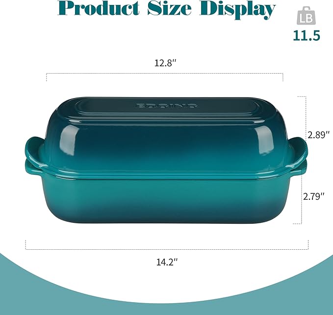 EDGING CASTING Enameled Cast Iron Loaf Pan with Lid, Bread pan, Dutch Oven Bread pan for Homemade Sourdough Bread Baking, 12.5x5.5 inch, 5qt, Darkcyan