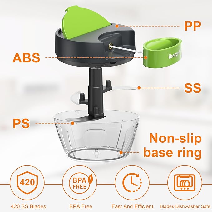 Ibergrif M502 Manual Onion Cutter, Multifunctional Onion Chopper, Multi Chopper with Filling Opening, BPA-Free, Easy Pull Chopper Manual for Vegetables, Meat, Nuts