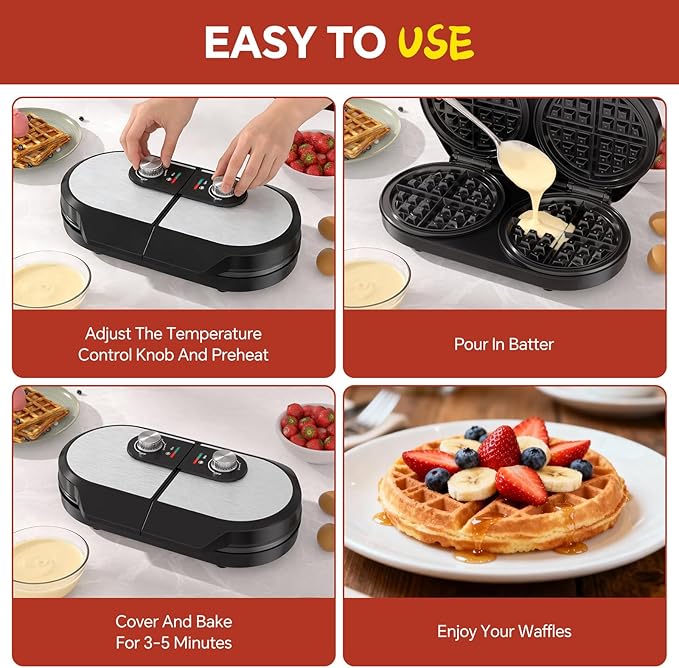 Double Waffle Maker, Belgian Waffle Maker, 6.5 Inch Waffle Iron with 2 Independent Adjustable Temp Knobs & Indicator Lights, Easy-Clean Nonstick Plates, Stainless Steel, Black
