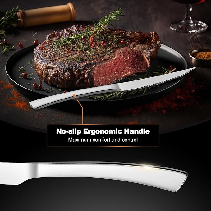 E-far Serrated Steak Knives Set of 8, Stainless Steel Dinner Knife for Home Kitchen Restaurant, 9-Inch Table Knife with Ergonomic Handle and Sharp Tip & Blade, Mirror Silver and Dishwasher Safe