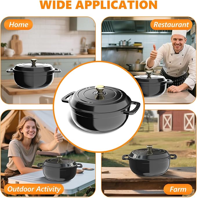ROVSUN Enameled Cast Iron Round Dutch Oven, 7.5QT Pot with Lid &Dual Handles with Silicone Gloves,Oven Safe up to 500°F, Heavy-Duty Pre-Seasoned Cookware for Bread Baking, Braising, Stews, Roasting,Black