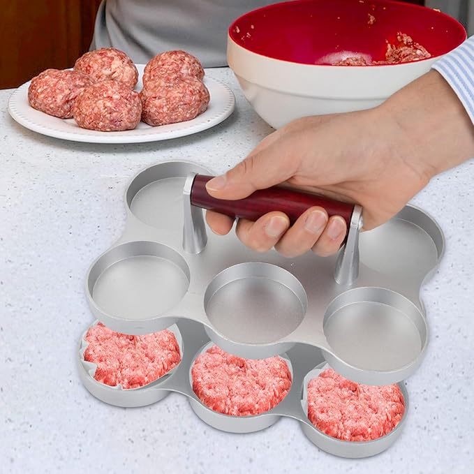 Mini Burger Press Small Meat Patty Maker with 300 Patty Papers Round Shape Press Patty Maker for Mini Hamburger, Barbecue, Picnic, Camping, Six 2.64-inch Slots