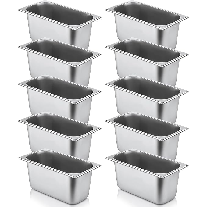 10 Pack Hotel Pans Stainless Steel Steam Table Pan 1/3 Size, 0.8 mm Thick Anti Jam Warming Pans for Food Warmer Restaurant Catering Supplies, 12.8 x 6.9 Inch(6 Inch Deep,Standard)