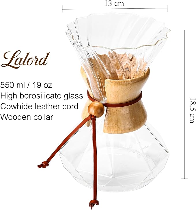 Lalord Pour Over Coffee Maker, 19 oz Borosilicate Glass Coffee Carafe with 100 PCS V60 Paper Filter, Wooden Collar & Cowhide rope, Glass Coffee dripper (Clear, 550 ml)