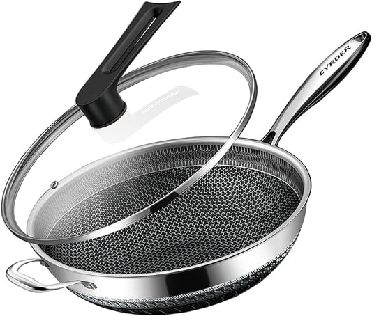 Cyrder Nonstick Large Stainless Steel Wok, PFOA Free Hybrid Non-Stick Pan, Dishwasher Oven Safe, Stay Cool Handle Skillet, Works with Induction Cooktop/Ceramic/Gas/Electric Stove