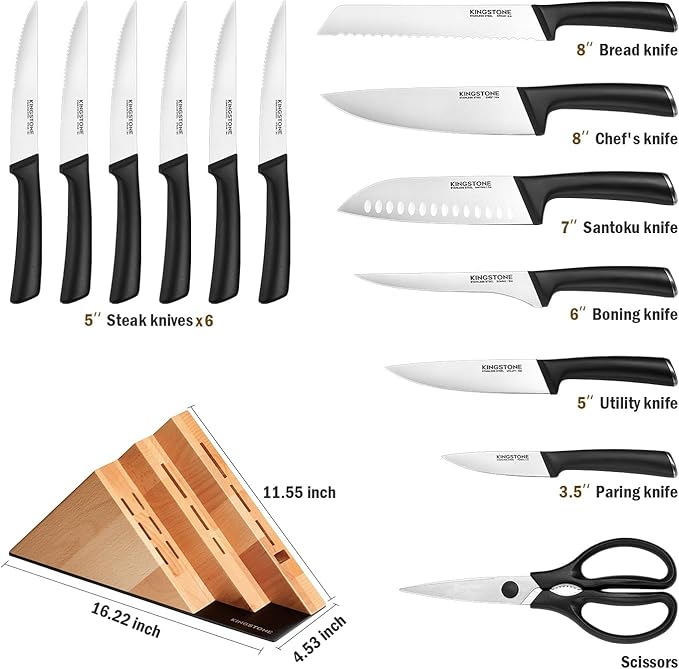 KINGSTONE 14-Piece Knife Block Set, Precision-Honed High-Carbon Stainless Steel Knives with Long-Lasting Sharpness, Ergonomic Balanced Handles for Home & Serious Cooks, Natural