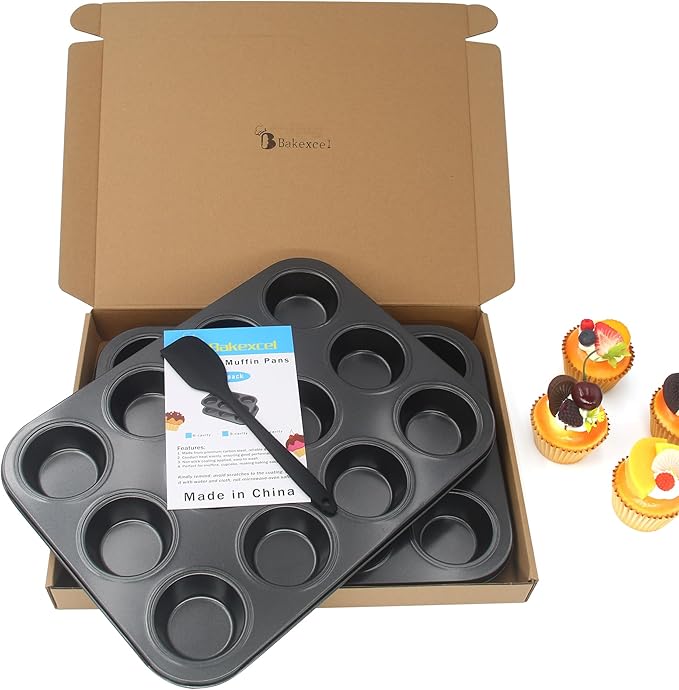 Bakexcel Non-Stick Muffin Pans, 12-Cup Standard Baking Pans Set of 2 with a Scraper for Perfect Muffins & Cupcakes