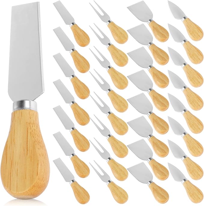 32Pcs Cheese Knives Set Stainless Steel Cheese Knife Spreaders BULK Butter Cutter Cheese Cutting Spatula Forks Wooden Handle Small Cheese Spreader Tool Cheese Knives for Charcuterie Board Christmas