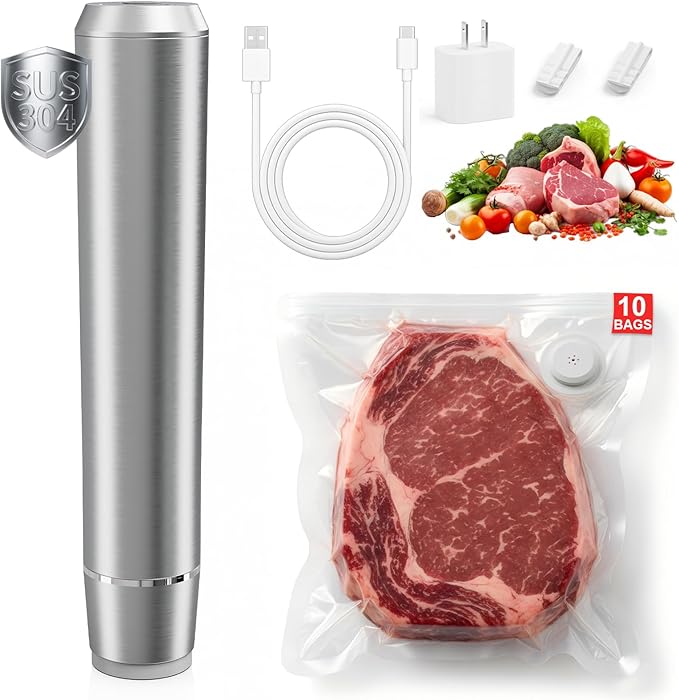 Vacuum Sealer for Food, Premium Stainless Steel Cordless Vacuum Sealer Machine with 10 Reusable Vacuum Bags, Compact Handheld Food Preservation System for Kitchen, Long-Lasting Freshness