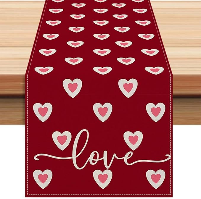 Valentine's Day Table Runner Linen Red Love Heart Table Runner Love Cloth Dresser Scarves for Valentines Holiday Home Kitchen Dining Style Table Decoration (13*72 Inch)