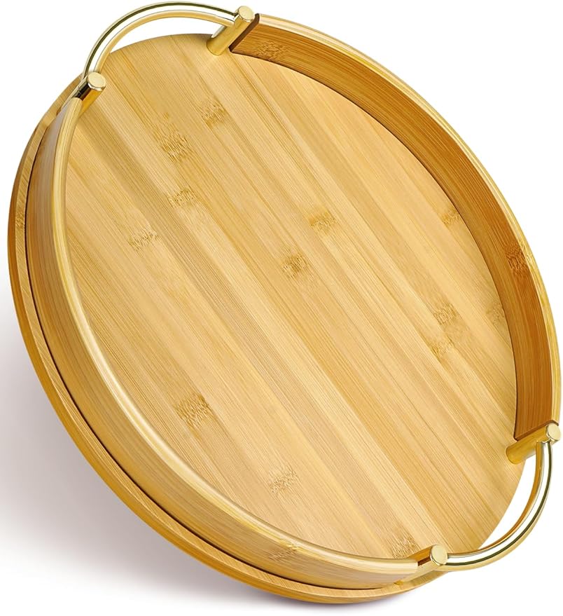 JUPELI 11.8″ Round Bamboo Serving Tray with Handles – Decorative Tray, Breakfast Tray, Coffee Table Tray, Ottoman Tray, Kitchen Platter for Drinks, Snacks, Vanity, Home Decor & Gifts