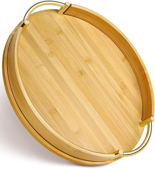 JUPELI 11.8″ Round Bamboo Serving Tray with Handles – Decorative Tray, Breakfast Tray, Coffee Table Tray, Ottoman Tray, Kitchen Platter for Drinks, Snacks, Vanity, Home Decor & Gifts
