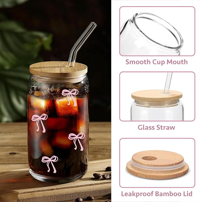 Coquette Aesthetic Glass Cups with Lids and Straws - Pink Bow Iced Coffee Cup Decor, Cute Tumbler Smoothie with Cleaning Brush&Gift Box, Gifts for Girls Women Friends, 16 oz