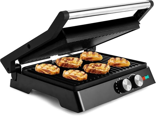 SUSTEAS 2in1 Panini Press Sandwich Maker and 304 Stainless Steel Electric Indoor Grill with Temperature Time Setting, Easy Clean Nonstick Grids, Opens 180°/105° to Fit Any Type or Size of Food,1400W