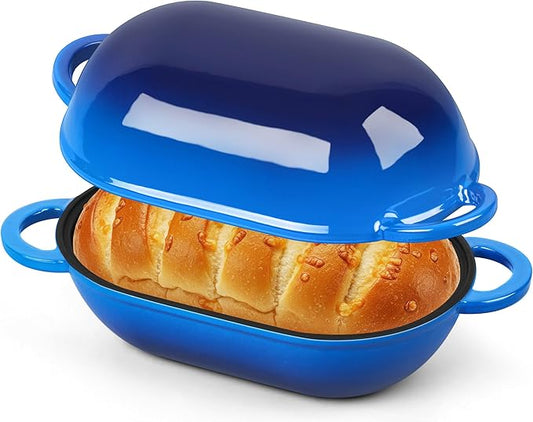 Homikit Enameled Cast Iron Dutch Oven for Bread Baking, 2.8 QT Oval Bread Oven Pot with Lid, Sourdough Loaf Iron Dutch Oven Pan for Roasting Cooking, Blue & Heavy Duty