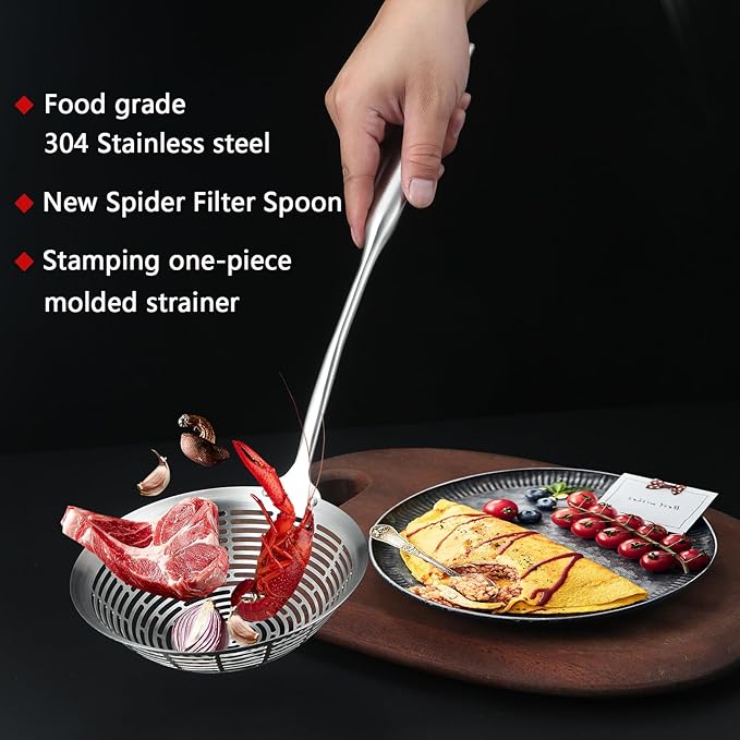Cooking Skimmer 304 Stainless Steel Spider Strainer Handheld Metal Slotted Spoon With Holes Mesh Ladle For Spaghetti Pasta;Poached Egg;Noodle;Vegetables;Kitchen Frying And Cooking Tools