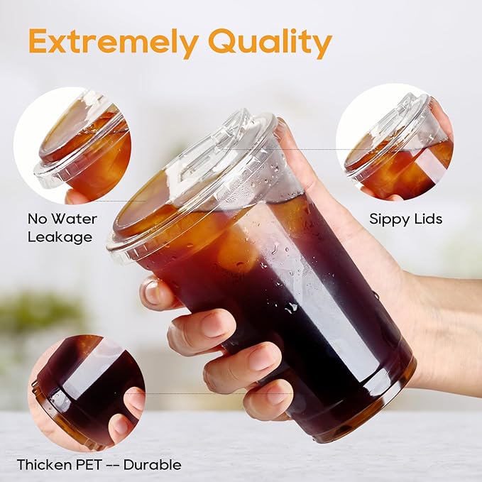 Turbo Bee 16 OZ 200 Sets Clear Plastic Cups with Strawless Sip Lids, To Go Crystal Clear Disposable Plastic Cups with Lids for Iced Coffee, Smoothies, Soda, Lemonade, Cold Beverage