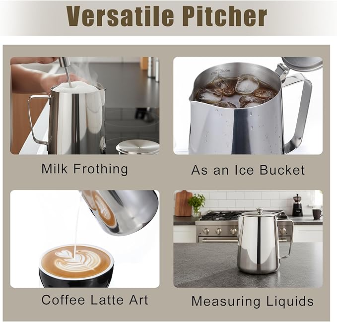 67 oz 304 Stainless Steel Pitcher with Lid, 2 L Large Mouth Graduated Beakers, Large Metal Measuring Cup with Handle, Milk Frothing Jug for Latte Art, Espresso Machines, Iced Tea
