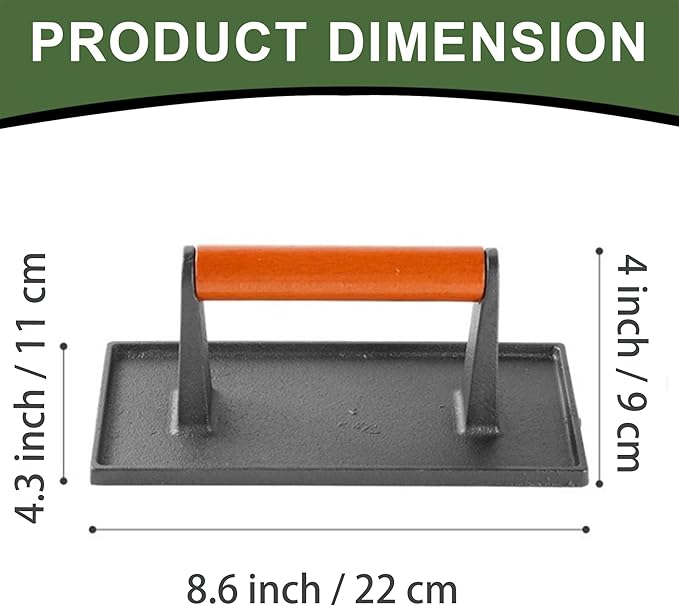 Burger Press with Professional Heavy Duty Cast Iron for Blackstone Griddle Grill,Smashburger, Bacon, Ground Beef Meat, Steak, Sausage, Sandwich Cooking, 8.6x4.3 inch Rectangle